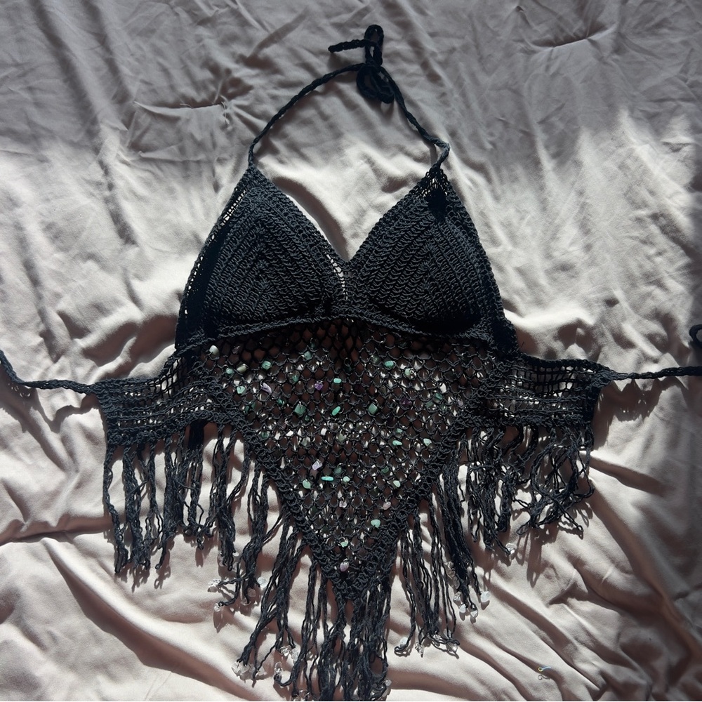 Custom hand-beaded black crotchet halter top.